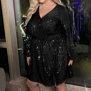 SHEIN Belle Plus Surplice Neck Lantern Sleeve Belted Sequin Dress